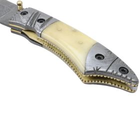 TheBoneEdge 7.5" Damascus Blade Folding Knife Horn Handle Handmade with Sheath