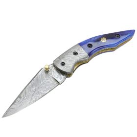 TheBoneEdge 7.5" Damascus Blade Folding Knife Blue Horn Handle Handmade Sheath