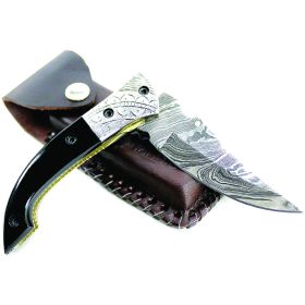 TheBoneEdge Style Blade Damascus Steel Folding Knife 8" with Leather Sheath