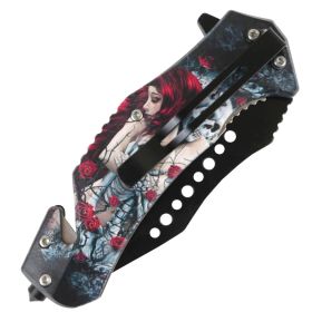 Defender-Xtreme 8.5" Glass Breaker Lady & Skull Spring Assisted Folding Knife