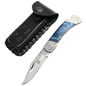 TheBoneEdge 7" Blue Wood Handle Stainless Steel Blade Folding Knife With Leather Pouch