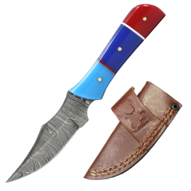 TheBoneEdge 6.5" Red & Blue Resin Handle Damascus Blade Hunting Knife Hand Made Knife