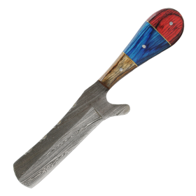 TheBoneEdge 7.5" Brown/Blue/Red Wood Handle Damascus Blade Hunting Knife Hand Made With Sheath