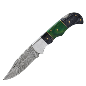 TheBoneEdge 6.5" Damascus Blade Folding Knife Black & Green Wood Handle With Pouch
