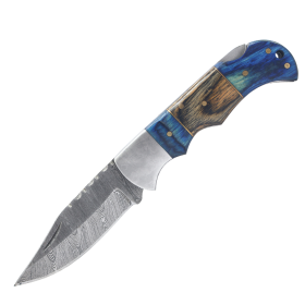 TheBoneEdge 6.5" Damascus Blade Folding Knife Blue & Brown Wood Handle With Pouch