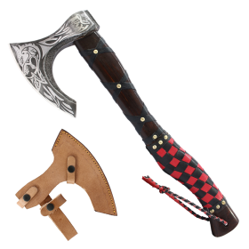 TheBoneEdge 19.5" Red & Black Leather Wrapped Handle Steel Blade Hunting Axe With Sheath