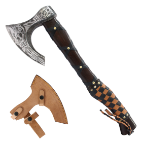 TheBoneEdge 19.5" Brown & Black Leather Wrapped Handle Steel Blade Hunting Axe With Sheath