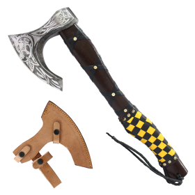 TheBoneEdge 19.5" Yellow & Black Leather Wrapped Handle Steel Blade Hunting Axe With Sheath