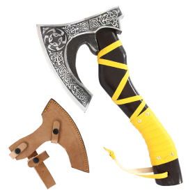 TheBoneEdge 14" Yellow Leather Wrapped Handle Steel Blade Hunting Axe With Sheath