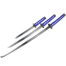 3pc Light Blue Samurai Sword Set Corbon Steel Blades with Stand Good Quality