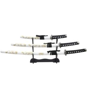 3pc White Dragon Samurai Sword Set Carbon Steel Blades with Stand Good Quality