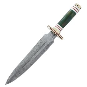 TheBoneEdge 15" Damascus Blade Fantasy Handle Hunting Knife with Leather Sheath