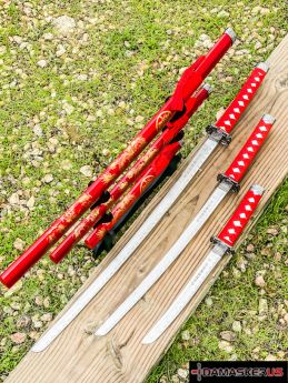 3pc Red Dragon Samurai Sword Set Carbon Steel Blades with Stand Good Quality