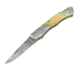 TheBoneEdge 7" Damascus Folding Knife Horn Handle Bolster Handmade with Sheath