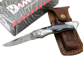 TheBoneEdge 7" Damascus Folding Knife Horn Handle Bolster Handmade with Sheath