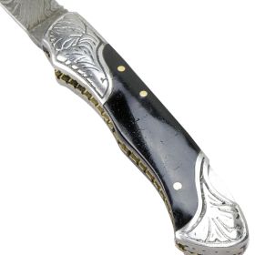TheBoneEdge 7" Damascus Folding Knife Horn Handle Bolster Handmade with Sheath