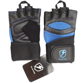Mens Blue / Black Genuine Leather Fingerless Biker Gloves With Padded Palm
