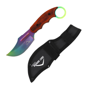 7" Rainbow Blade Brown Wood Handle Hunting Knife With Sheath