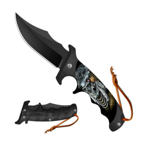 9" Ancient Wolf & Skull Design Handle Spring Assisted Folding Knife With Belt Clip