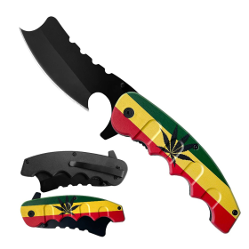 8" Marijuana Printed Handle Mini Butcher Style Spring Assisted Folding Knife W/ Belt Clip