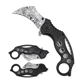 7.5" Black Aluminum Handle Damascus Pattern Blade Karambit Spring Assisted Folding Knife 