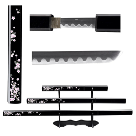 39.5" Flower Print Design Carbon Steel Blade Black Samurai Katana Sword 3Pcs Set With Stand 