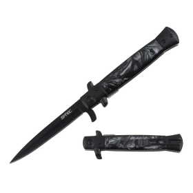 9" Stiletto Style Black Blade Spring Assisted Folding Knife With Grey Black Inlay Handle