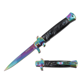 9" Stiletto Style Rainbow Blade Spring Assisted Folding Knife With Black Inlay Handle