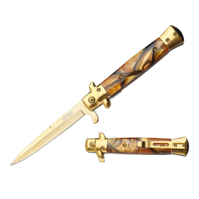9" Stiletto Style Gold Blade Spring Assisted Folding Knife With Brown Inlay Handle