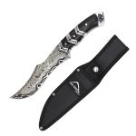 13.5" Damascus Pattern Blade Black Wood Handle Hunting Knife With Sheath