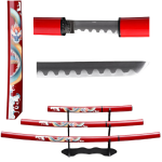 39.5" Dragon Print Design Carbon Steel Blade Red Samurai Katana Sword 3Pcs Set With Stand 
