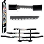 39.5" Dragon Print Design Carbon Steel Blade Black Samurai Katana Sword 3Pcs Set With Stand 