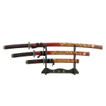39.5" Dragon Print Design Carbon Steel Blade Red Samurai Sword 3Pcs Set With Stand
