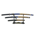 39.5" Dragon Print Design Carbon Steel Blade Blue Samurai Sword 3Pcs Set With Stand