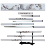39.5" Dragon Print Design Carbon Steel Blade White Samurai Katana Sword 3Pcs Set With Stand